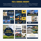 Real estate feed and carousel mockups with various templates.