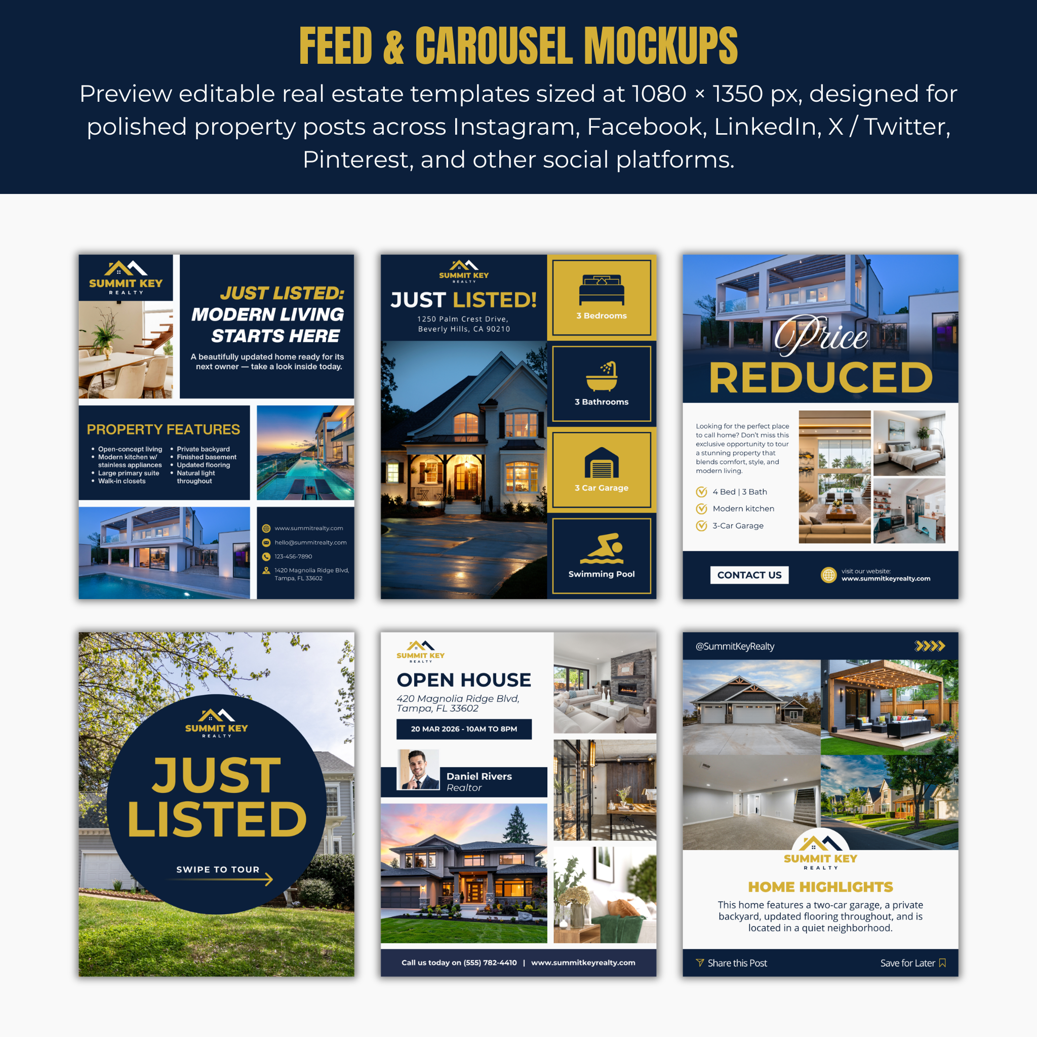 Real estate feed and carousel mockups with various templates.