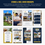 Real estate template mockups for stories and reel covers, featuring various design elements.