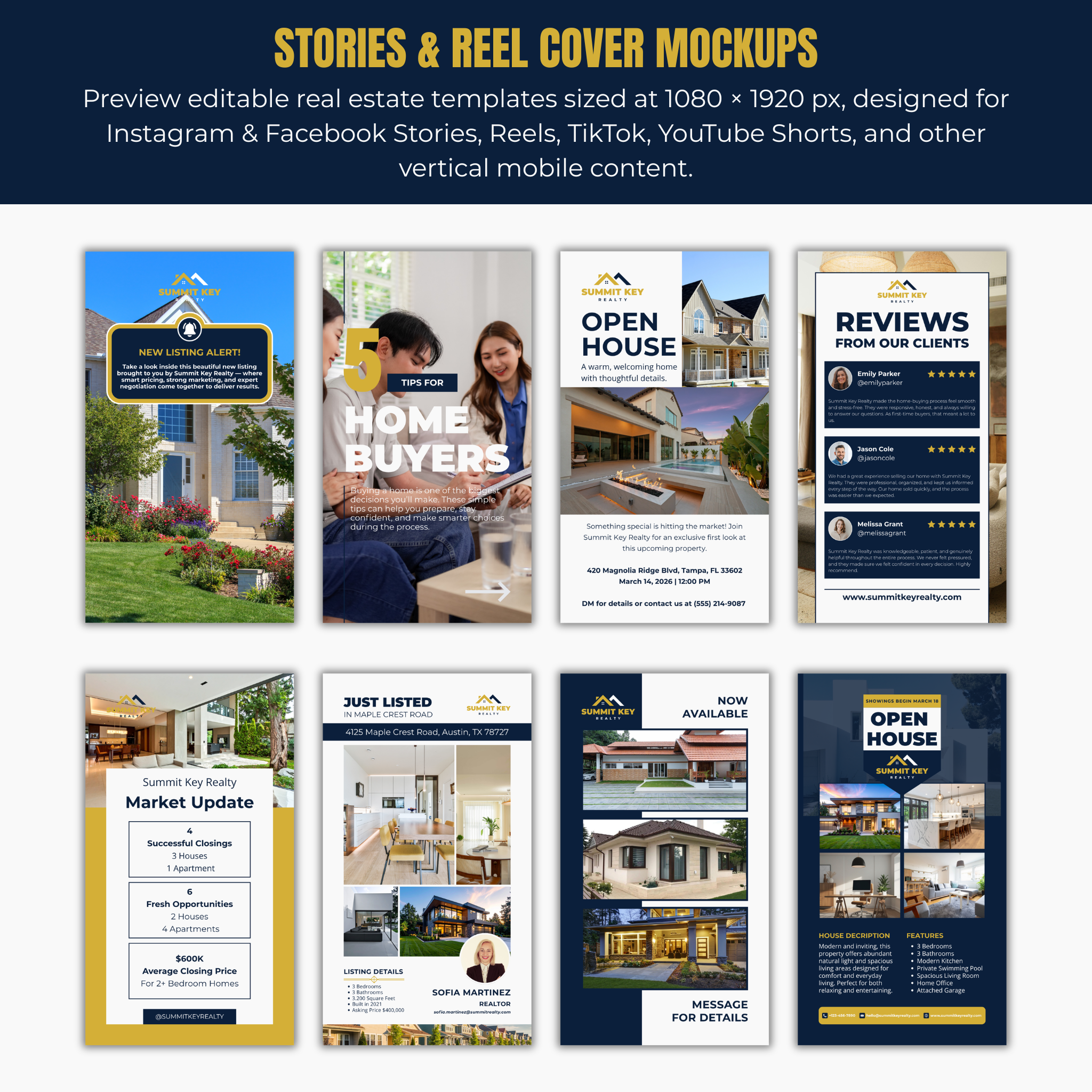 Real estate template mockups for stories and reel covers, featuring various design elements.