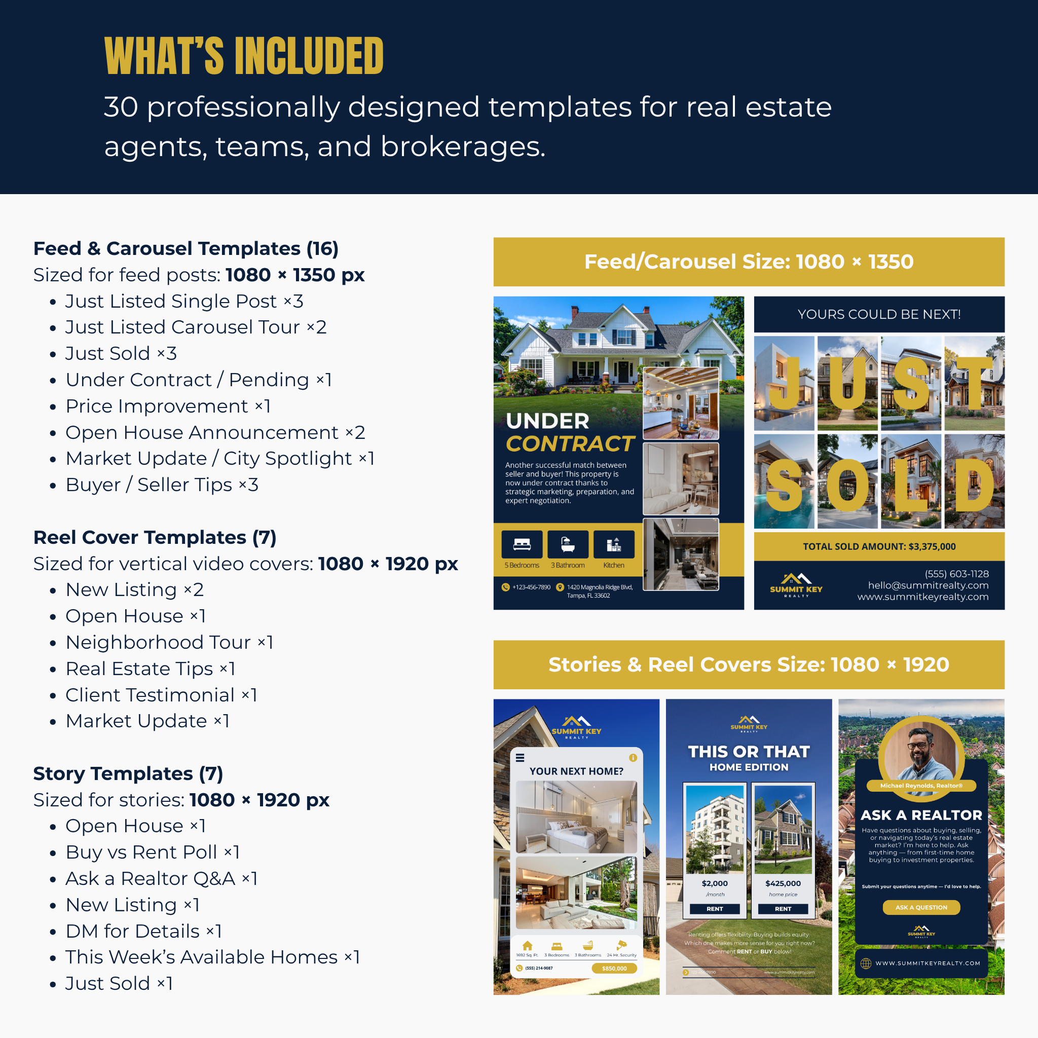 Real estate agent template bundle with various design options for feed, carousel, and reel covers.