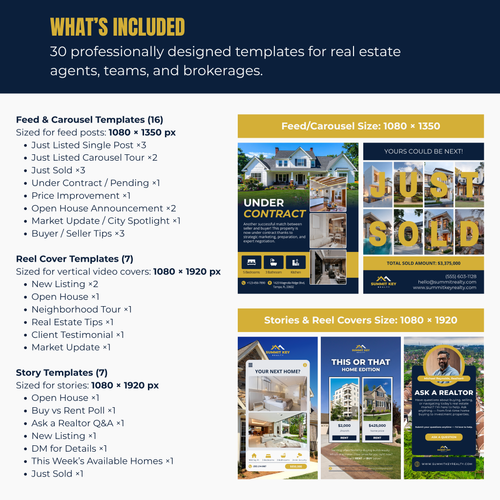 Real estate agent template bundle with various design options for feed, carousel, and reel covers.