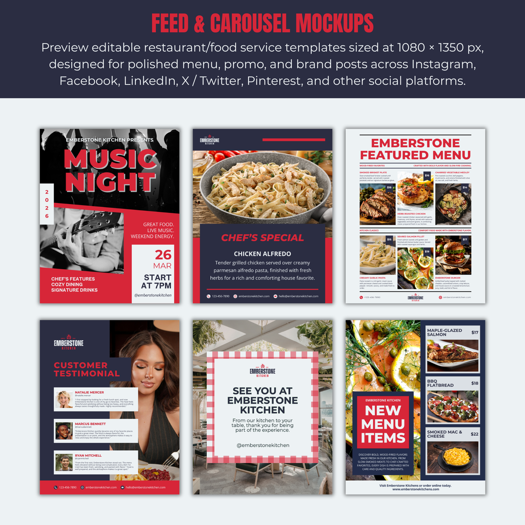 Collection of restaurant feed and carousel mockups with various templates.