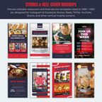 Collection of restaurant and food service templates for stories and reel covers on a white background.