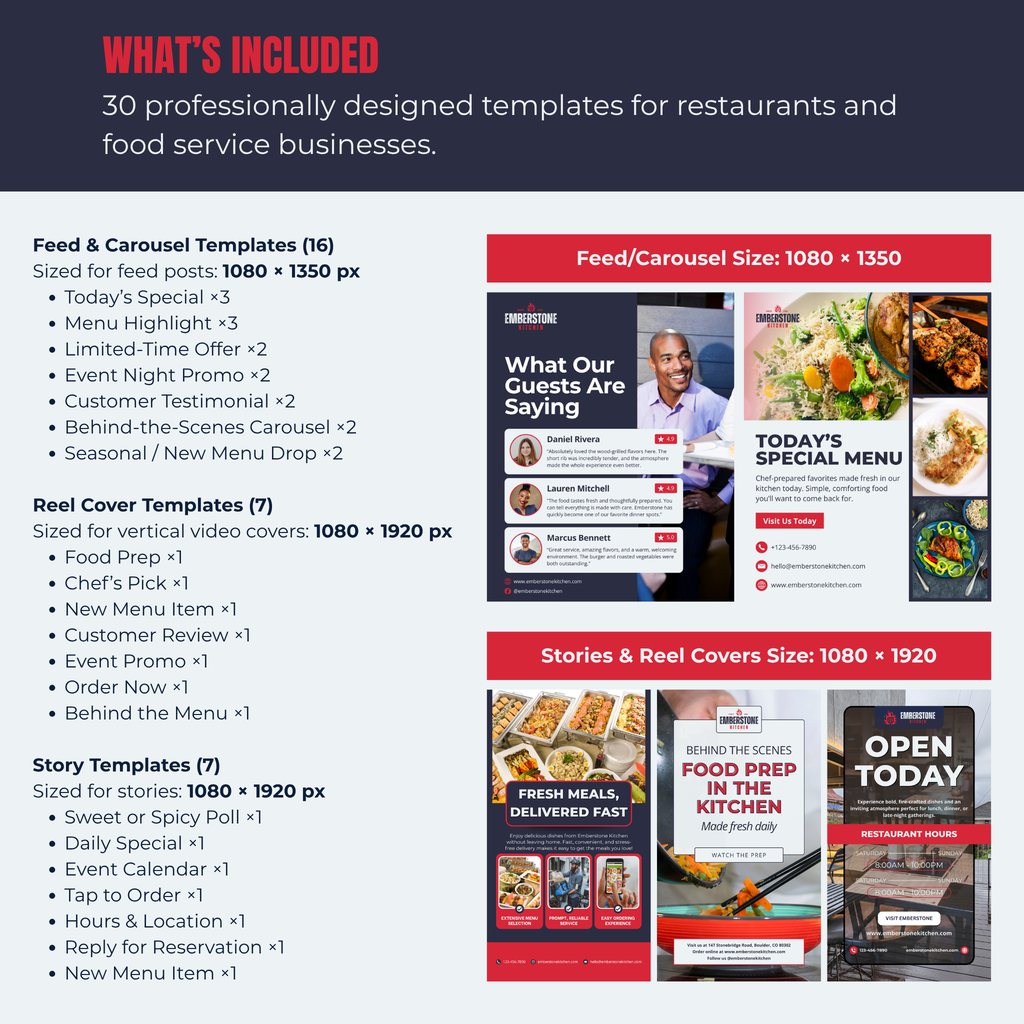 Collection of professionally designed templates for restaurants and food service businesses with various sizes and types.