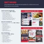 Collection of professionally designed templates for restaurants and food service businesses with various sizes and types.
