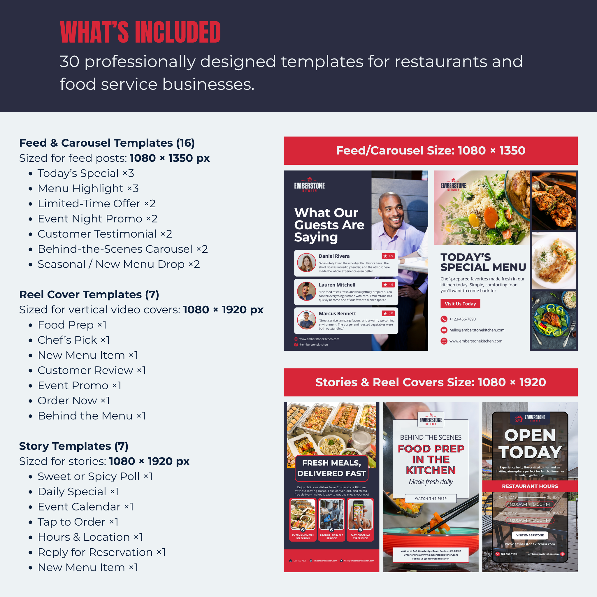 Collection of professionally designed templates for restaurants and food service businesses with various sizes and types.