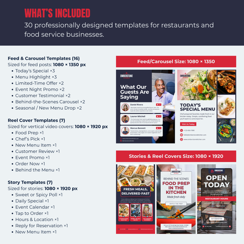 Collection of professionally designed templates for restaurants and food service businesses with various sizes and types.