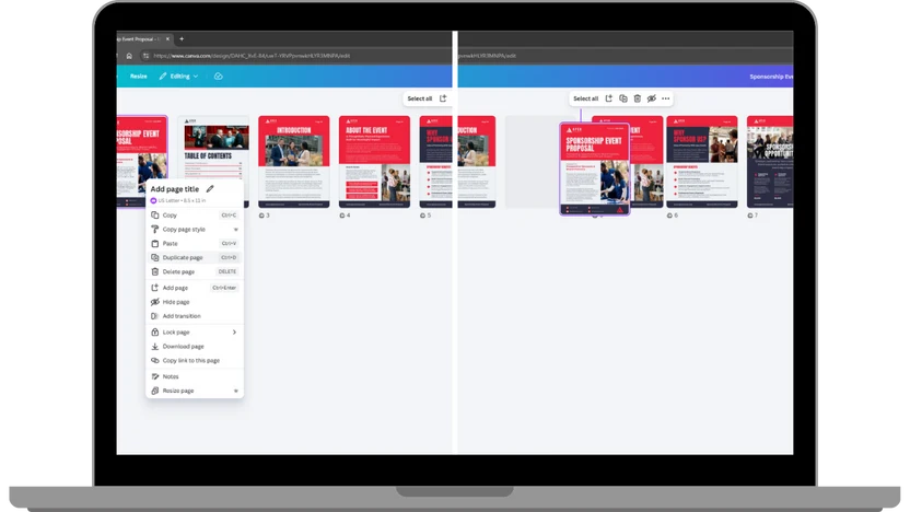Two open laptop screens showing a software interface for managing social media posts or templates, with a left panel displaying a dropdown menu and a right panel showing a grid of red and white post previews.