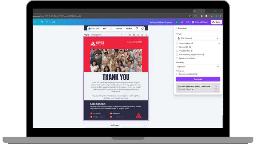 A laptop computer displaying a digital mockup of a sponsorship email template. The screen shows a branded email interface with a red and navy design, a photo of a group of people, and a 'Thank You' card.