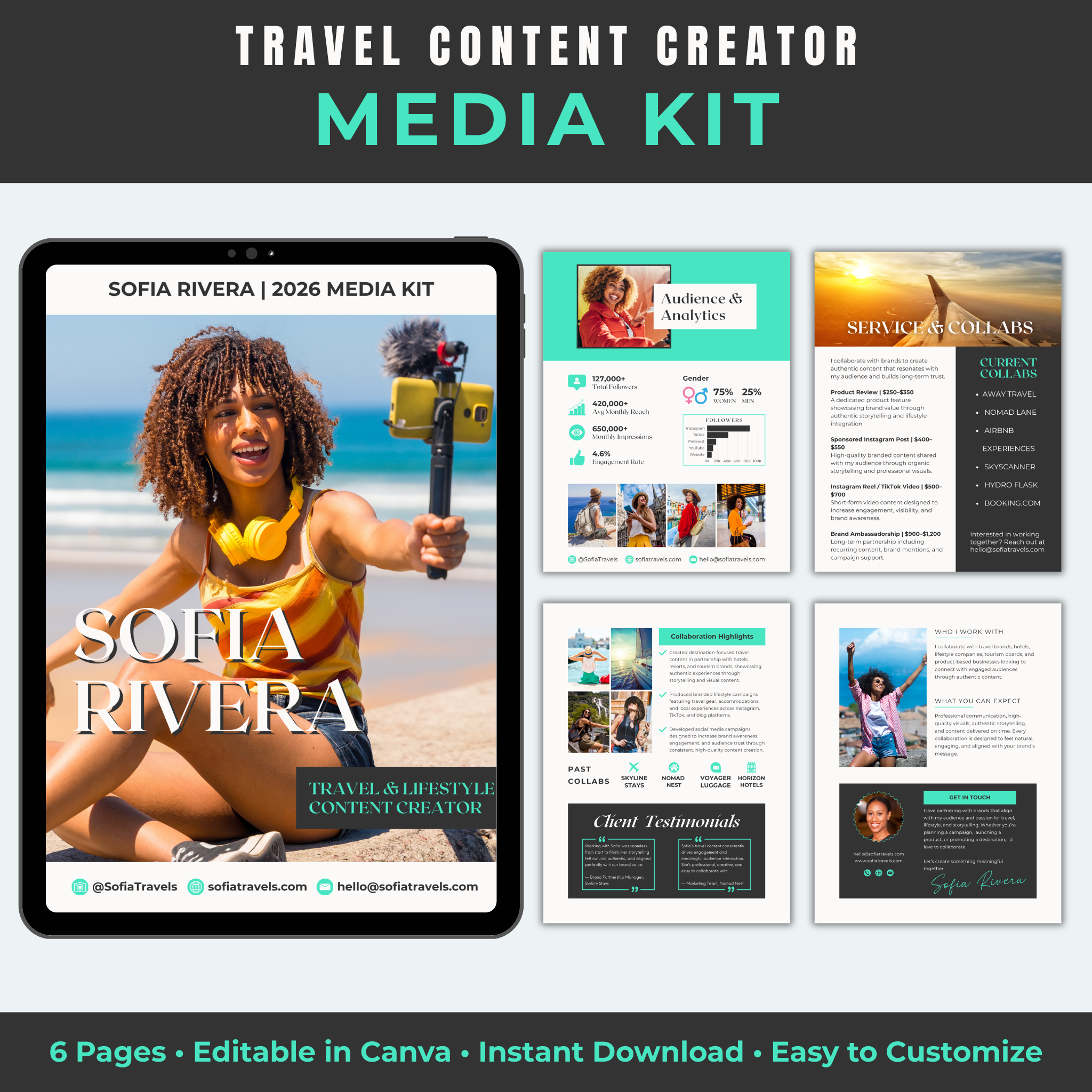 Media kit for travel content creator with tablet displaying cover and other pages.