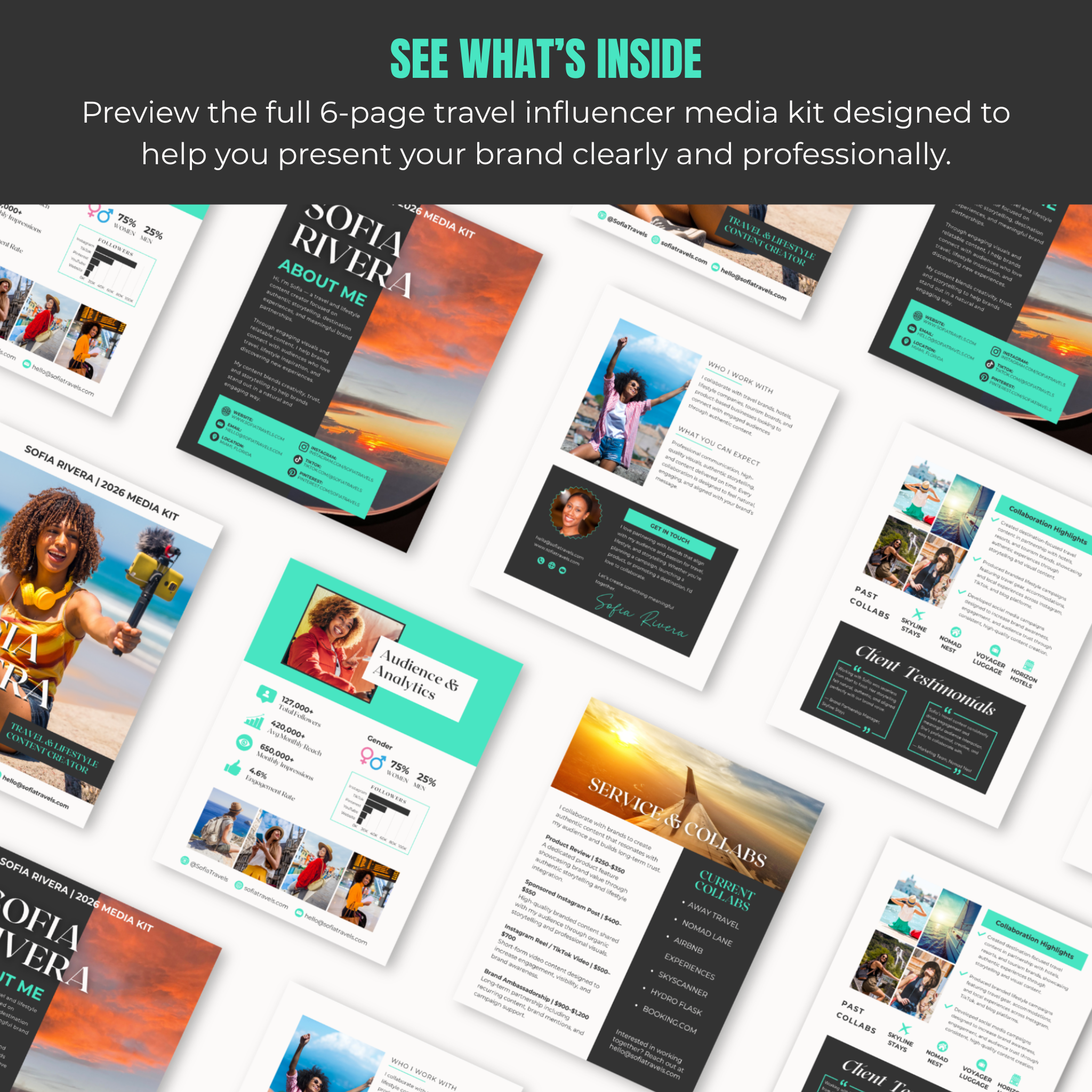 6-page travel influencer media kit with various pages displayed.