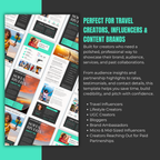 Design template for travel creators, influencers, and content brands with text and images on a dark background.