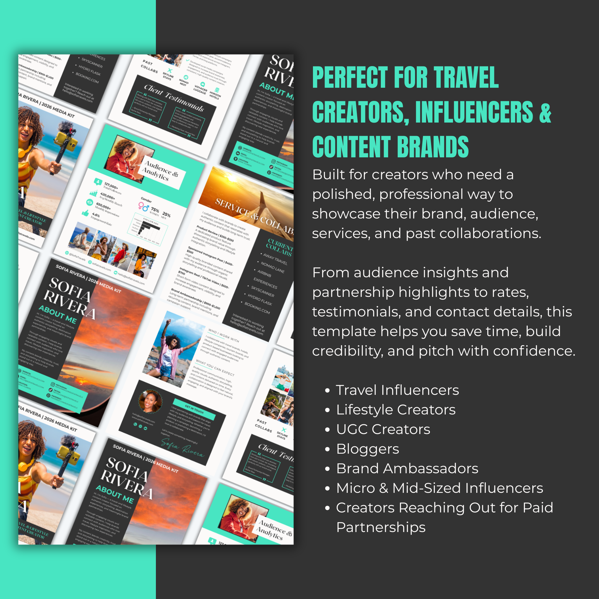 Design template for travel creators, influencers, and content brands with text and images on a dark background.