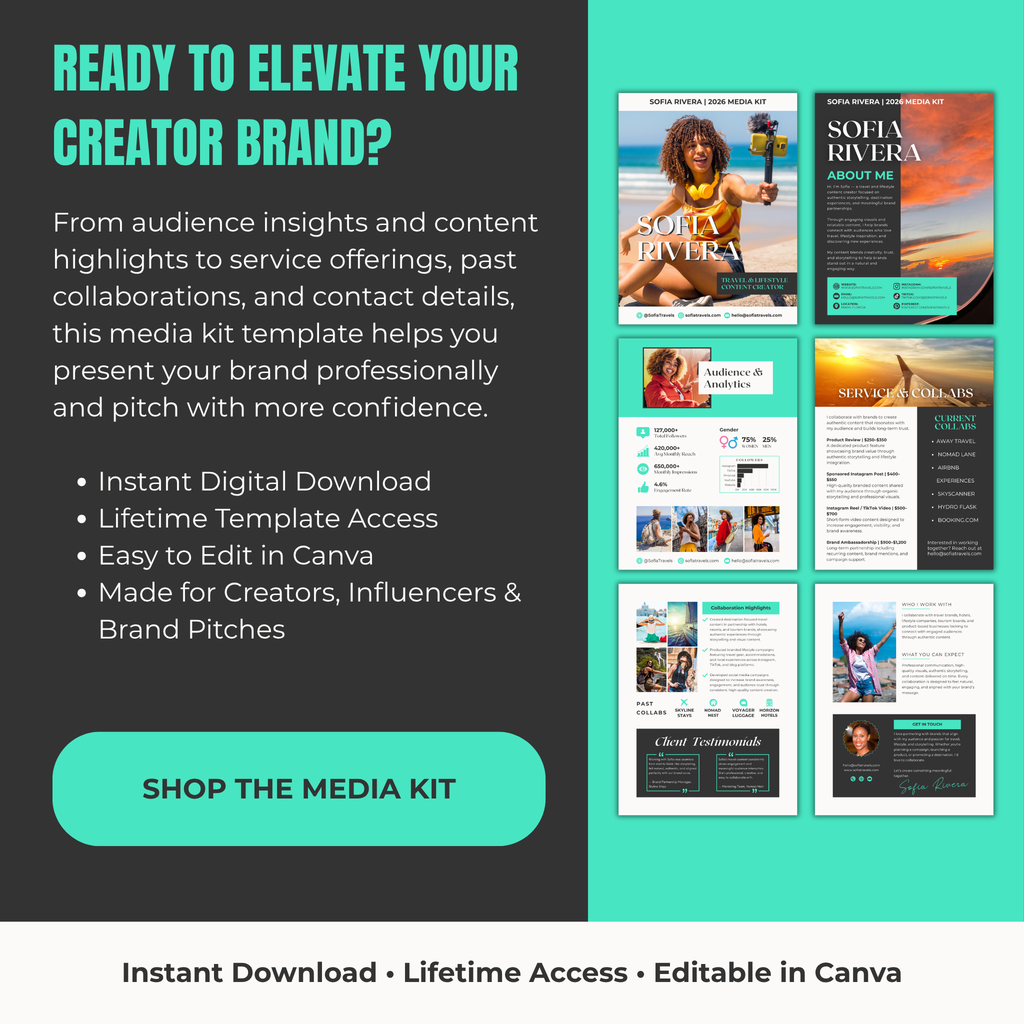 Media kit template for creators with images and text on a teal and black background