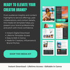 Media kit template for creators with images and text on a teal and black background