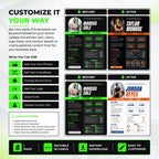 Before-and-after examples showing how the fitness media kit Canva template can be customized with different photos, colors, fonts, text, branding and contact information for different fitness creators.