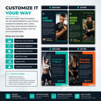 A promotional graphic for a customizable social media template pack, showing before-and-after post designs, editing features, and download details on a light blue background.
