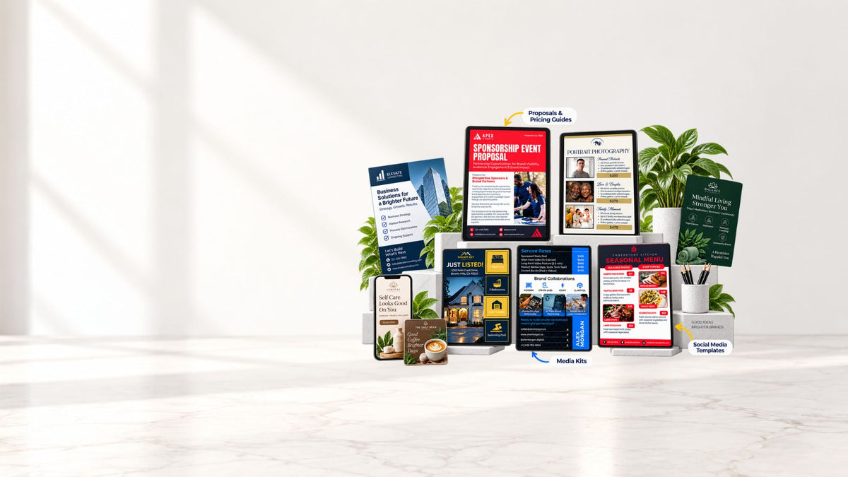 A digital mockup display of multiple marketing materials, including brochures, flyers, and social media templates, arranged on a marble surface against a white wall with soft window shadows.