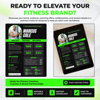 Fitness creator media kit Canva template displayed as a full-page design and tablet mockup, created to showcase audience statistics, coaching offers, collaborations and contact details for brand pitches.