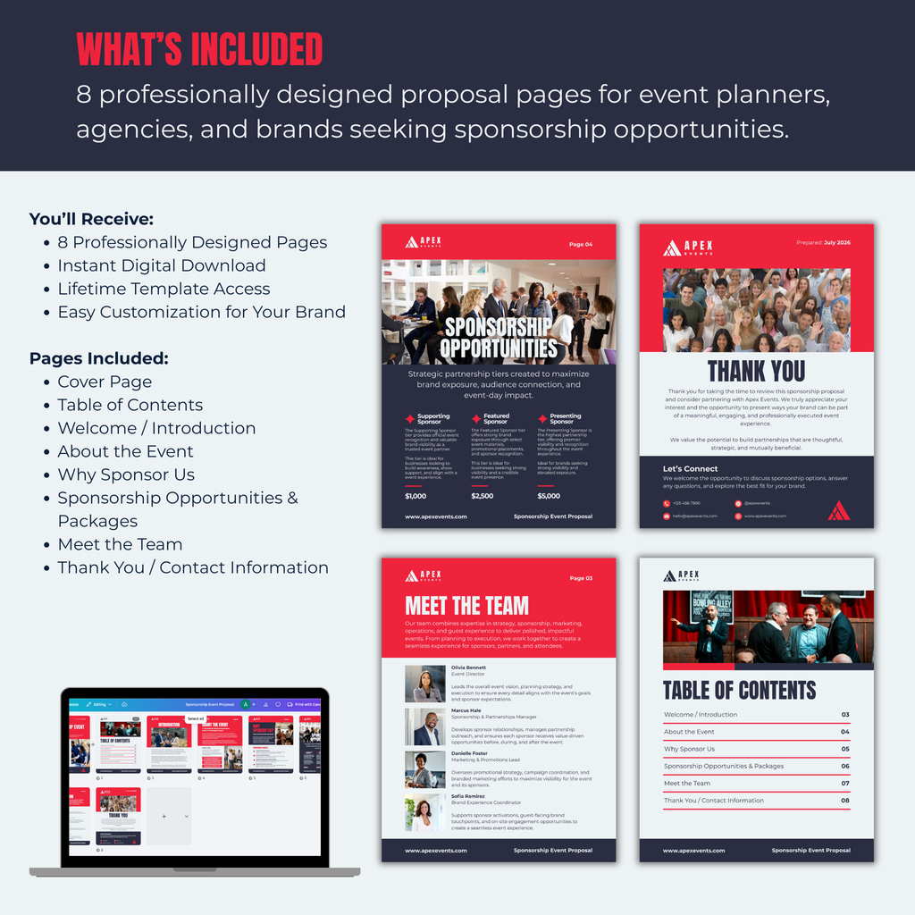 Professional proposal template for event planners with design elements and branding.