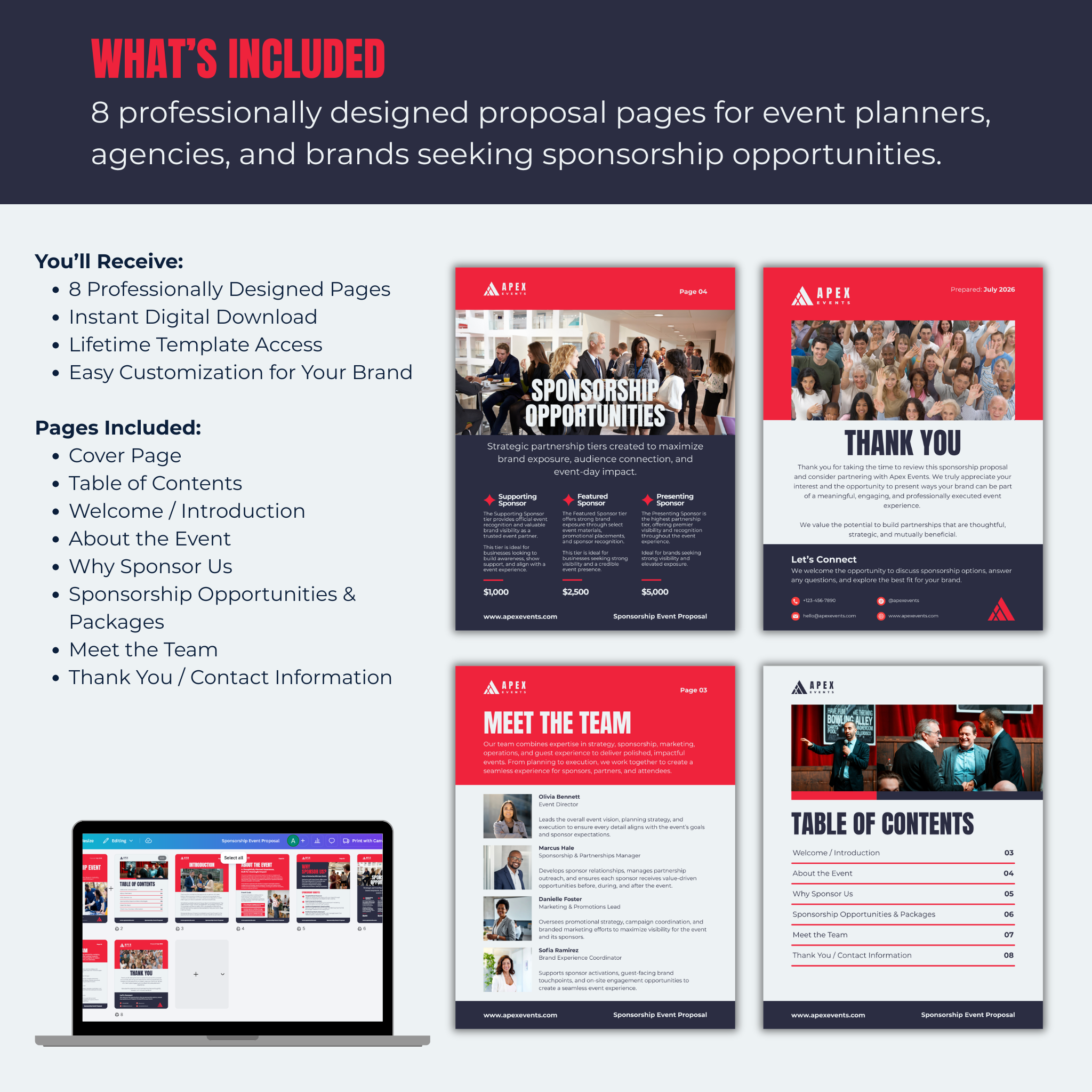 Professional proposal template for event planners with design elements and branding.