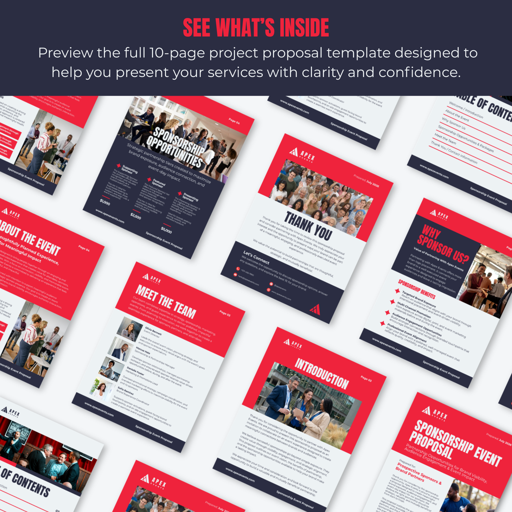 10-page project proposal template with red and blue design on a white background