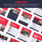 10-page project proposal template with red and blue design on a white background