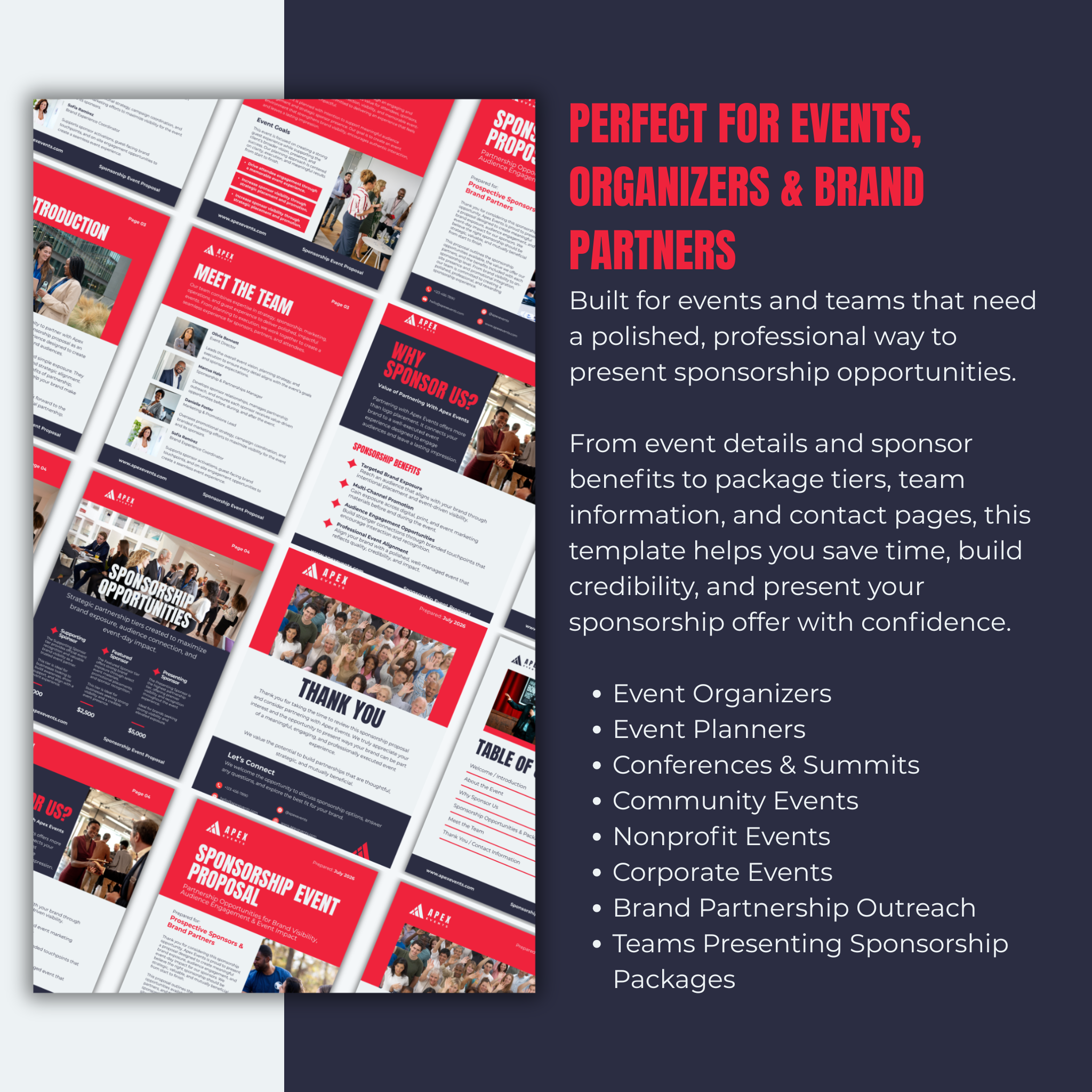 Sponsorship proposal template with event details and sponsor benefits on a dark blue background