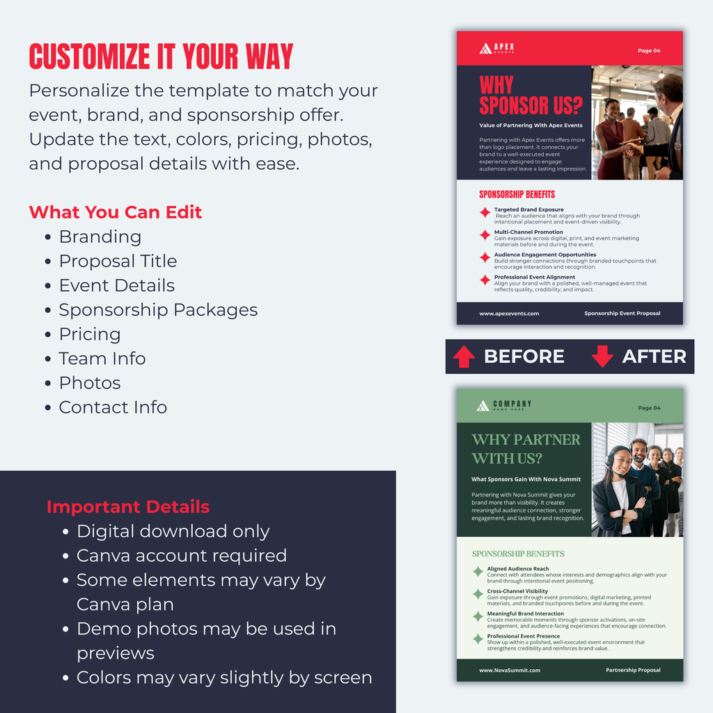Sponsorship proposal template with customization options and before/after comparison on a blue background.