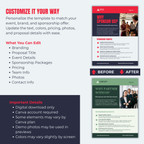 Sponsorship proposal template with customization options and before/after comparison on a blue background.