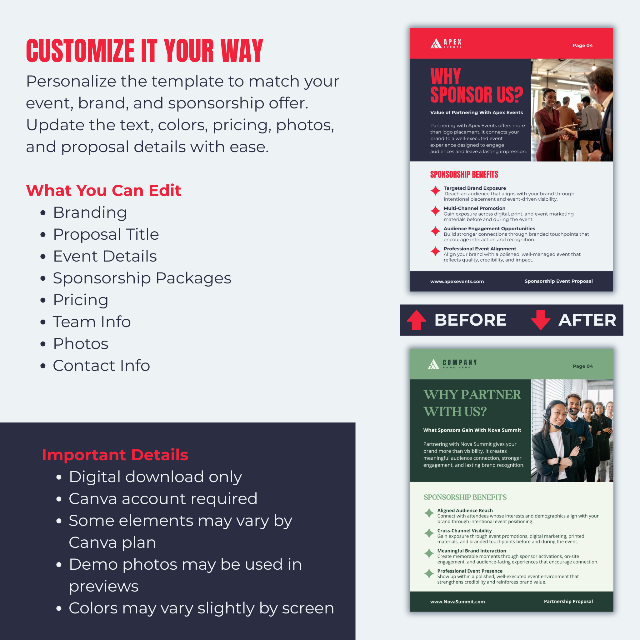 Sponsorship proposal template with customization options and before/after comparison on a blue background.