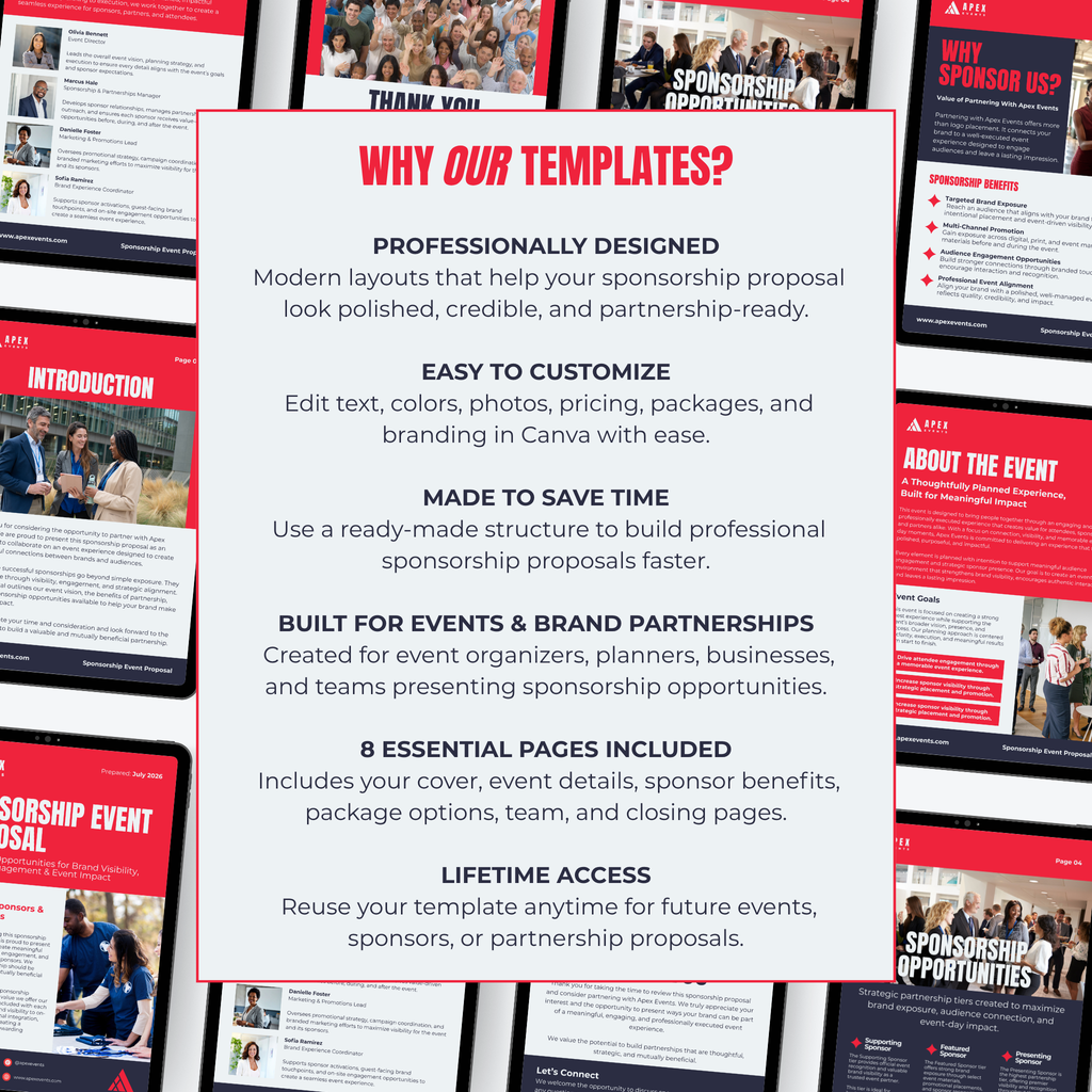 Promotional graphic for sponsorship proposal templates with text and images of event proposals.