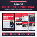 Promotional graphic for an 8-page project proposal template for event sponsorship and partnerships, shown on a tablet mockup with six page previews and feature icons at the bottom.
