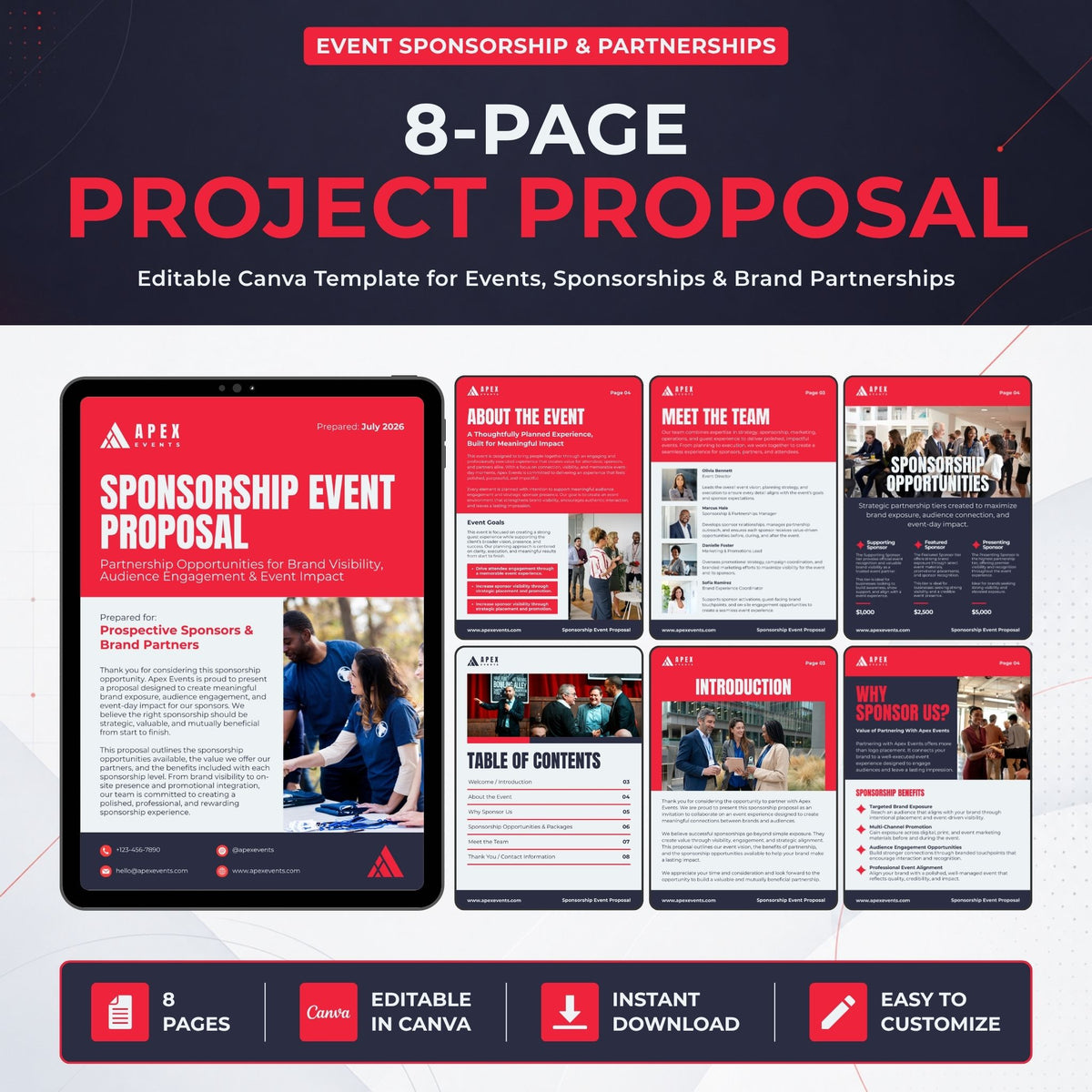 Promotional graphic for an 8-page project proposal template for event sponsorship and partnerships, shown on a tablet mockup with six page previews and feature icons at the bottom.
