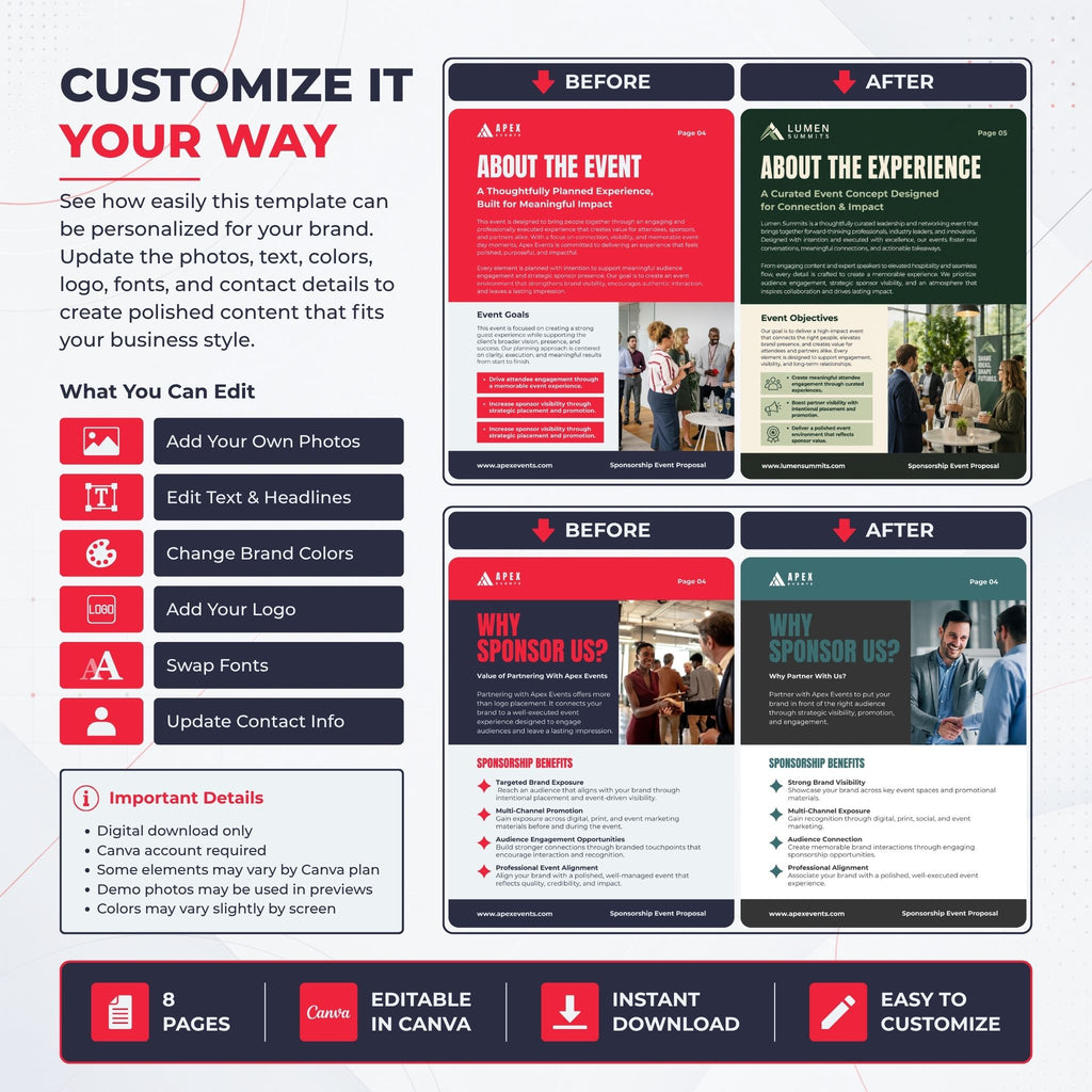 A promotional graphic for a customizable social media event template pack, showing before-and-after post designs, editing features, and download details. The templates are presented in red, dark green, and teal colorways on a white background with a blue-gray border.
