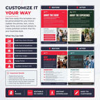 A promotional graphic for a customizable social media event template pack, showing before-and-after post designs, editing features, and download details. The templates are presented in red, dark green, and teal colorways on a white background with a blue-gray border.
