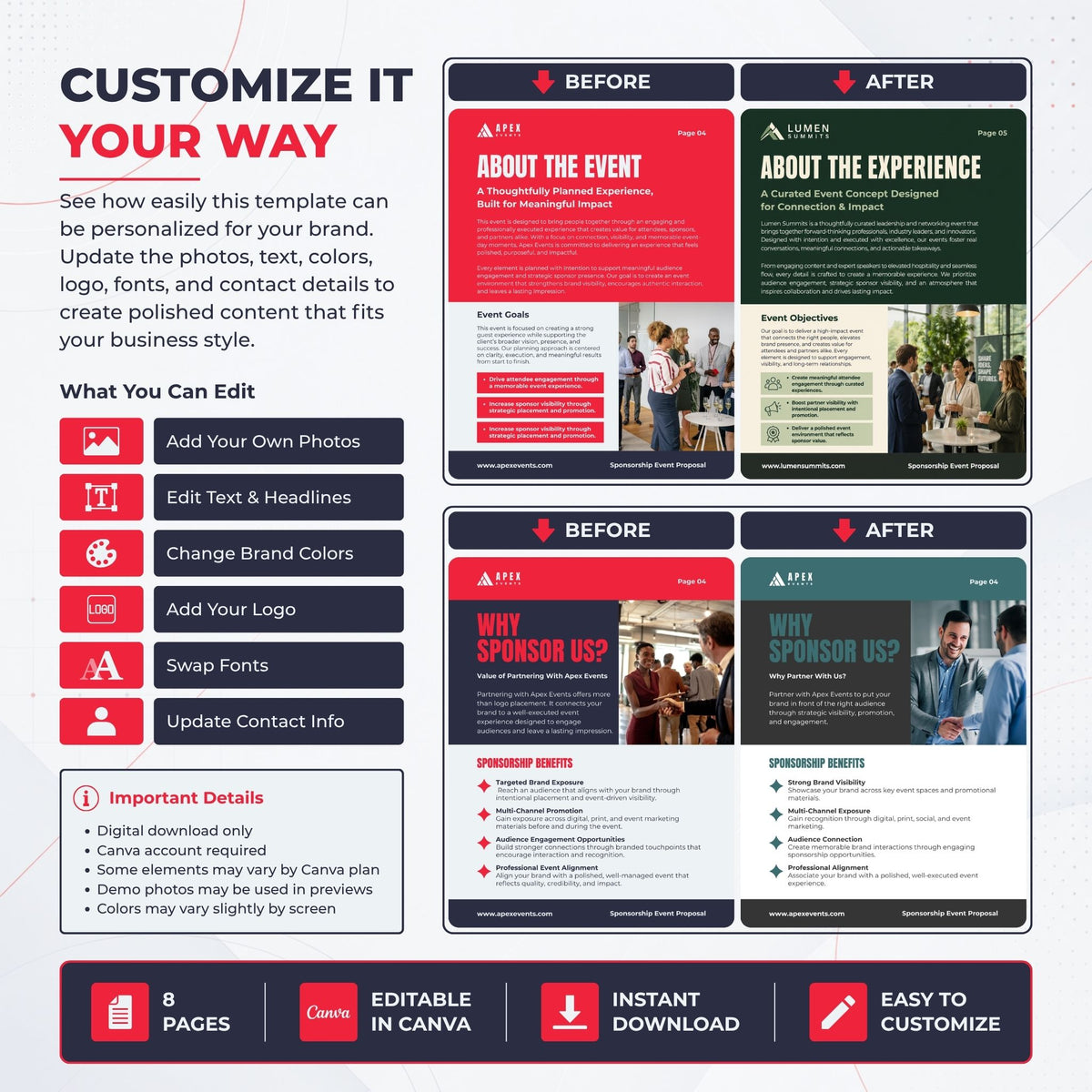 A promotional graphic for a customizable social media event template pack, showing before-and-after post designs, editing features, and download details. The templates are presented in red, dark green, and teal colorways on a white background with a blue-gray border.

