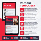 A promotional infographic for Canva social media template packages, showing two red-and-white mobile mockups under the heading 'WHY OUR TEMPLATES?' with feature callouts and icons.
