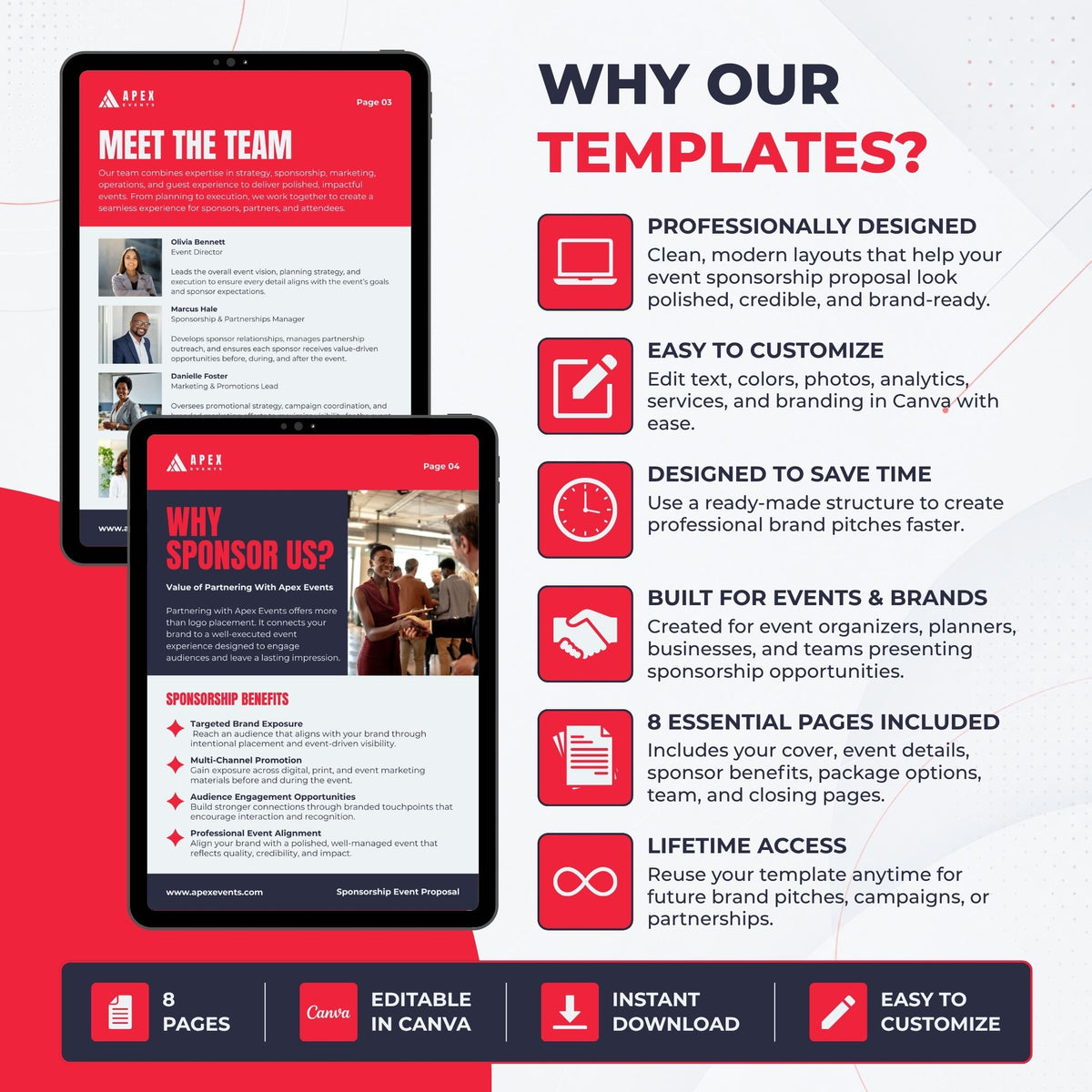 A promotional infographic for Canva social media template packages, showing two red-and-white mobile mockups under the heading 'WHY OUR TEMPLATES?' with feature callouts and icons.
