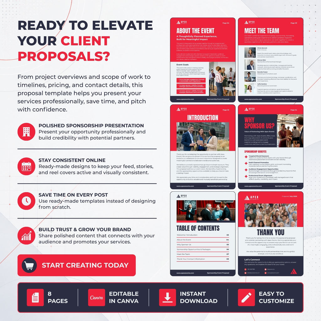 Promotional graphic for a Canva event proposal template set, featuring red and white slide designs with text sections like About the Event, Meet the Team, Introduction, and Thank You. The left side includes marketing copy and feature icons, and the bottom banner states 8 pages, editable in Canva, instant download, and easy to customize.
