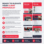 Promotional graphic for a Canva event proposal template set, featuring red and white slide designs with text sections like About the Event, Meet the Team, Introduction, and Thank You. The left side includes marketing copy and feature icons, and the bottom banner states 8 pages, editable in Canva, instant download, and easy to customize.
