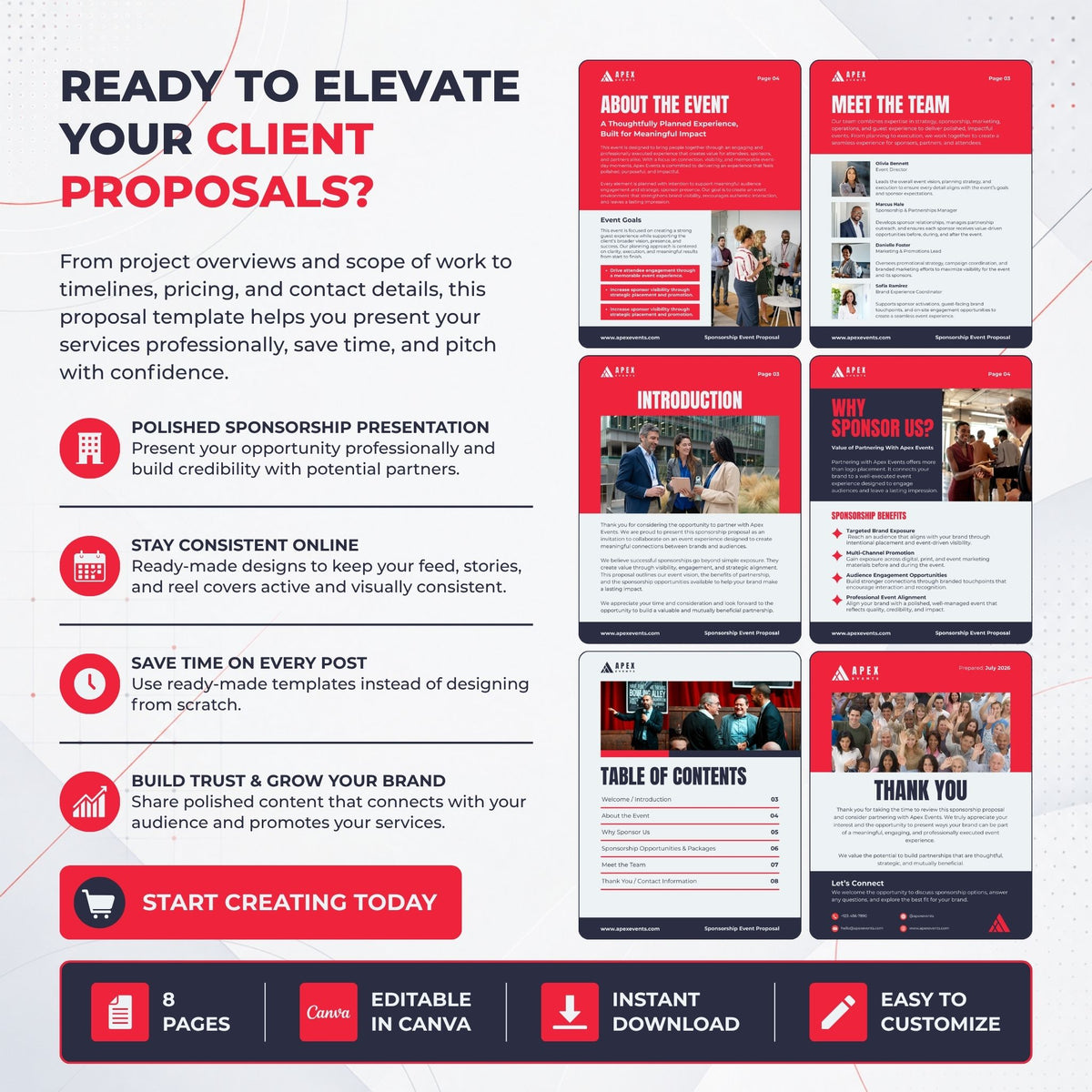 Promotional graphic for a Canva event proposal template set, featuring red and white slide designs with text sections like About the Event, Meet the Team, Introduction, and Thank You. The left side includes marketing copy and feature icons, and the bottom banner states 8 pages, editable in Canva, instant download, and easy to customize.
