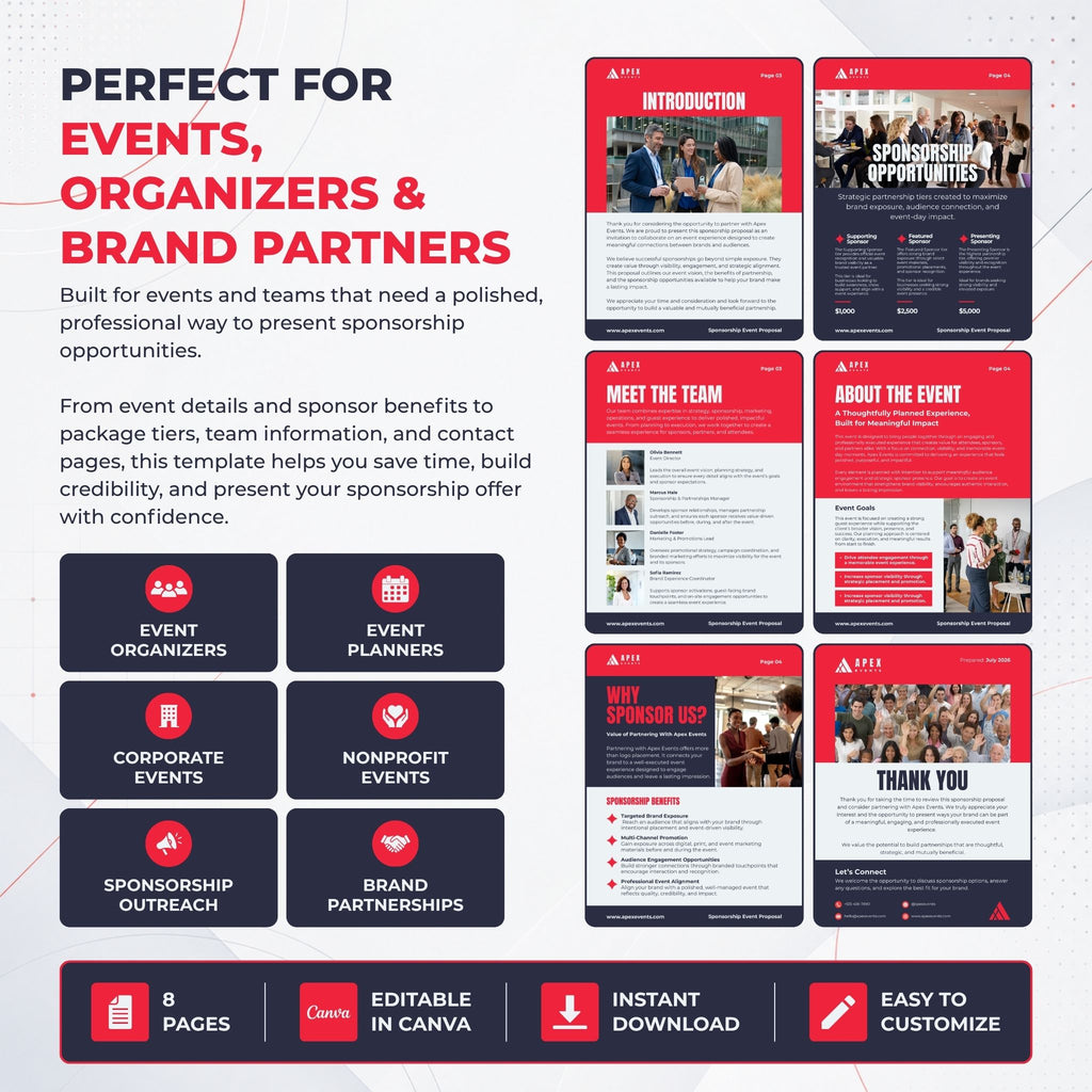 Promotional graphic for a Canva sponsorship presentation template, showing the template's red, white, and black design with sample pages like introduction, meet the team, about the event, why sponsor us, and thank you. Text highlights features such as 8 pages, editable in Canva, instant download, and easy to customize for events, organizers, and brand partners.
