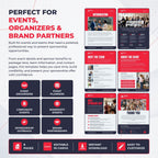 Promotional graphic for a Canva sponsorship presentation template, showing the template's red, white, and black design with sample pages like introduction, meet the team, about the event, why sponsor us, and thank you. Text highlights features such as 8 pages, editable in Canva, instant download, and easy to customize for events, organizers, and brand partners.
