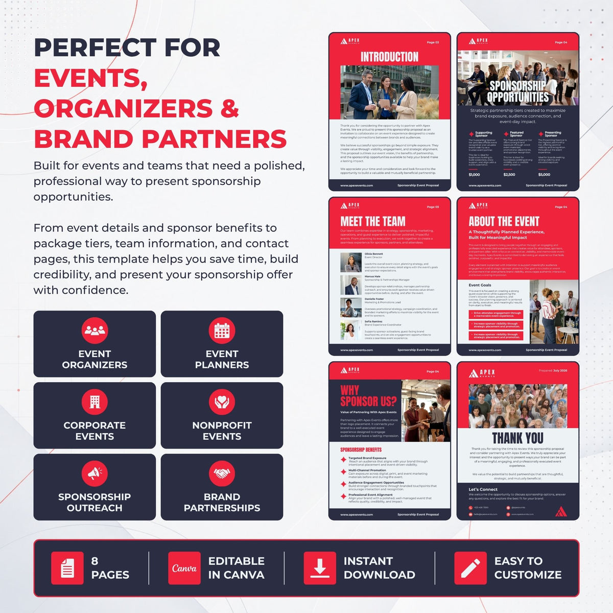 Promotional graphic for a Canva sponsorship presentation template, showing the template's red, white, and black design with sample pages like introduction, meet the team, about the event, why sponsor us, and thank you. Text highlights features such as 8 pages, editable in Canva, instant download, and easy to customize for events, organizers, and brand partners.
