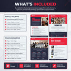 Promotional graphic for a digital event sponsorship proposal template set, showing included pages, a list of benefits, and sample red-and-white page designs on a dark background.
