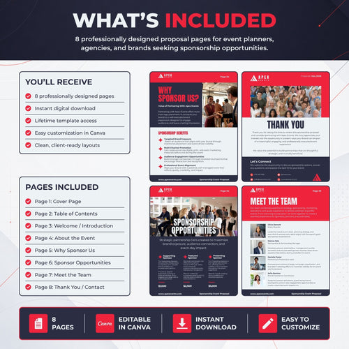 Promotional graphic for a digital event sponsorship proposal template set, showing included pages, a list of benefits, and sample red-and-white page designs on a dark background.
