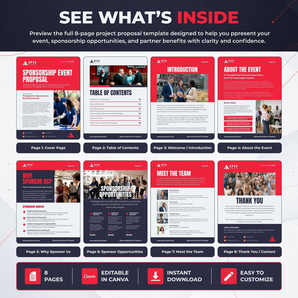 A promotional graphic for an 8-page project proposal template, showing a grid of page previews with red, white, and dark navy layouts. The top text reads 'SEE WHAT'S INSIDE' and the pages include sections like sponsorship event proposal, introduction, about the event, why sponsor us, meet the team, and thank you.

