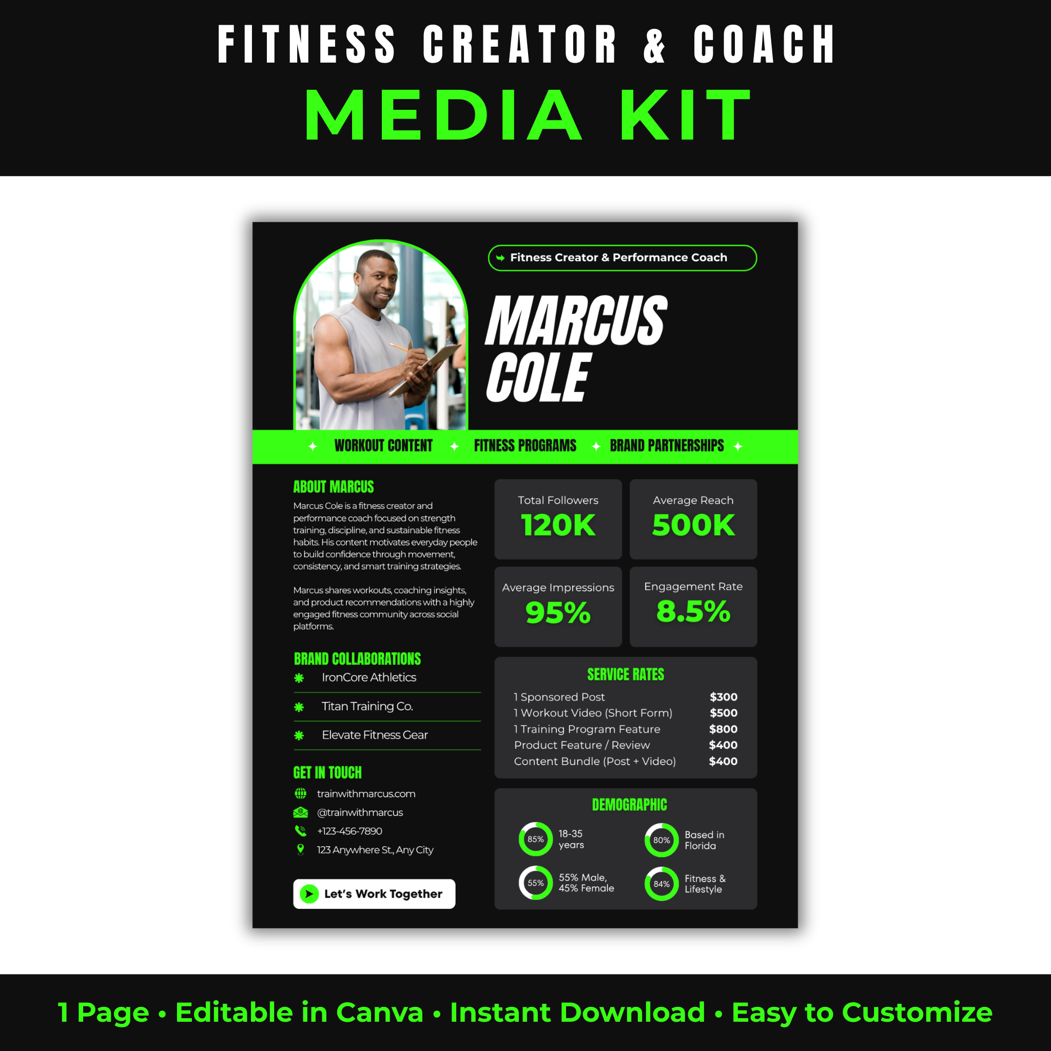 Fitness creator and coach media kit with Marcus Cole's profile on a black background